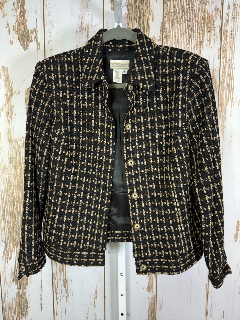 Coldwater Creek, Black & Gold Tweed Button-Front Jacket. Size 6. Excellent cond!